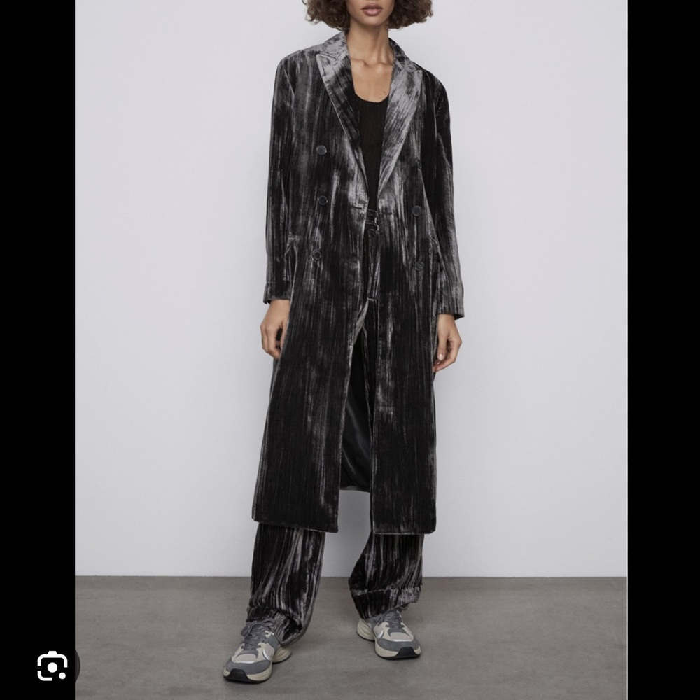 NEW Zara Velvet Duster Coat Gray L